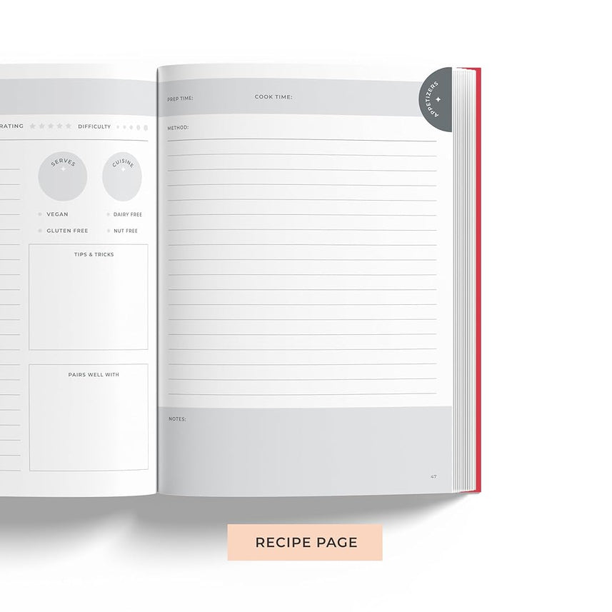 7mm Recipe Journal | Bon Appetit | A5 Size | 4 Sticker sheets | Red
