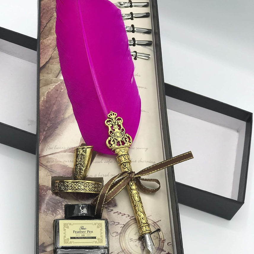 Antique Dip Feather Pen Set – Vintage Calligraphy Quill with 5 Nibs, Ink & Pen Stand (Dark Pink)
