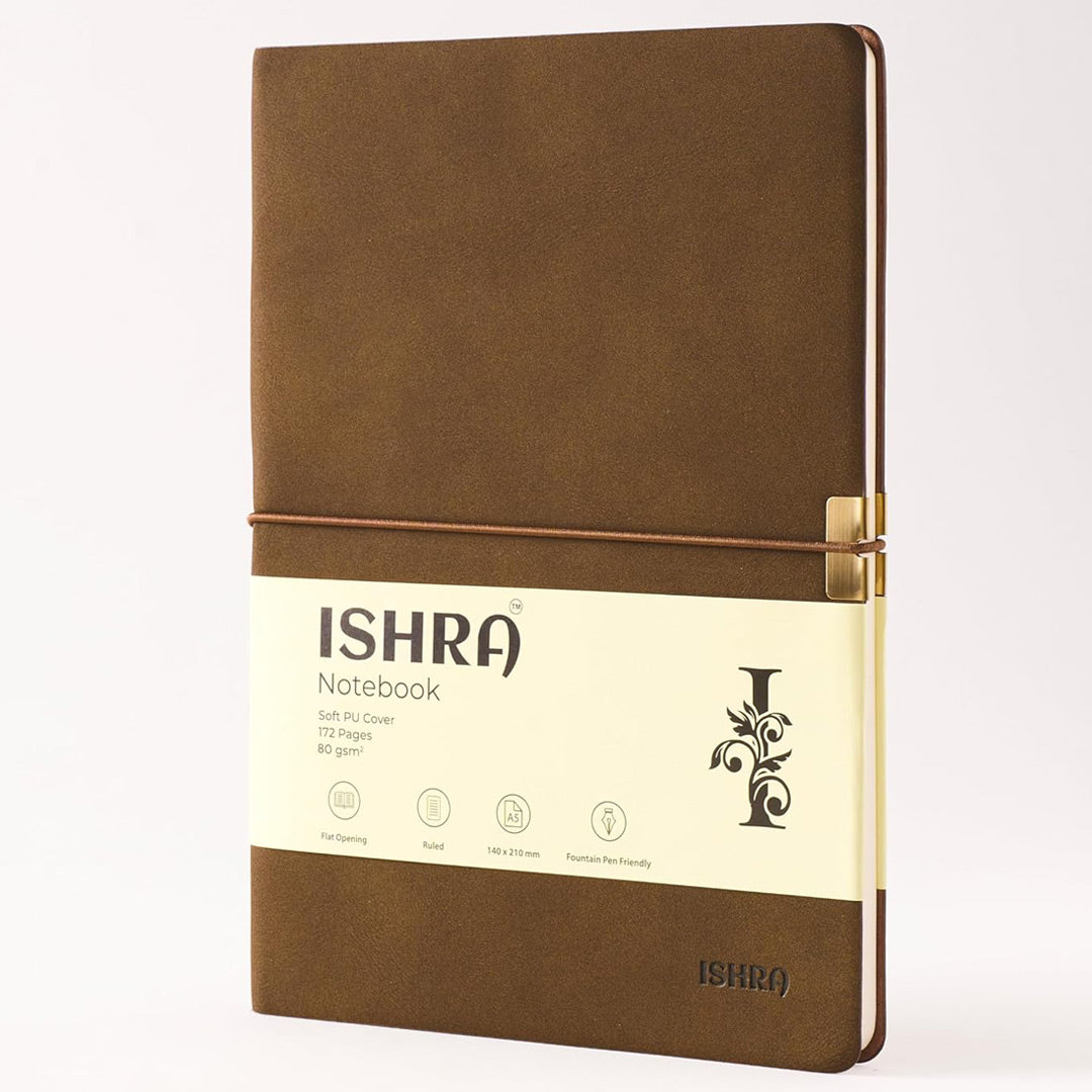ISHRA A5 Size Ruled Notebook | Ideal Note Book Journal Diary for Work Office Writing Journaling Note Taking Travel | Brown Soft Cover| 172 Pages | 80gsm | Fountain Pen Friendly Paper