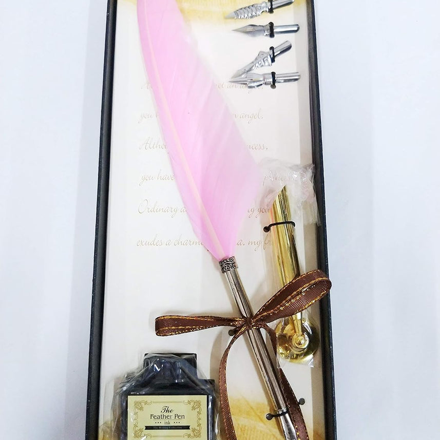 Calligraphy Feather Dip Quill Pen Writing Ink Set – Antique Feather Pen with 5 Nibs, Ink Bottle & Pen Holder – Elegant Stationery Gift Box (Green / Violet / Black)