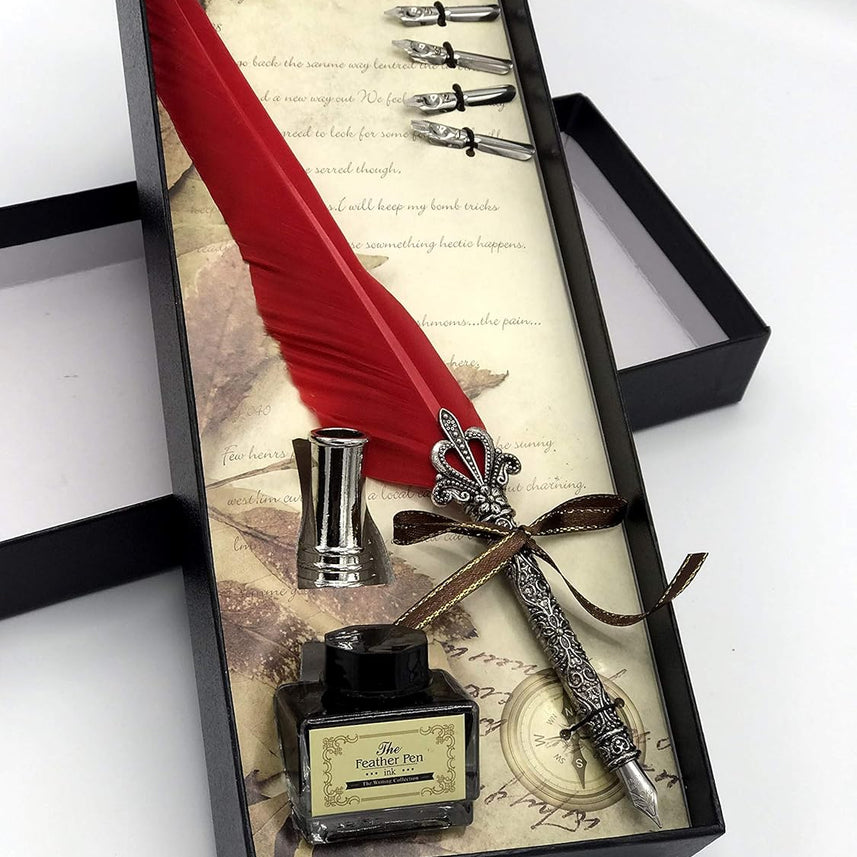 Quill Feather Pen Calligraphy Set – Antique Dip Quill Fountain Pen with 5 Replacement Nibs, 15ml Ink Bottle, Pen Holder & Writing Accessories – Vintage Stationery Gift Box (Grey / Red / Violet / Light Green / Blue)