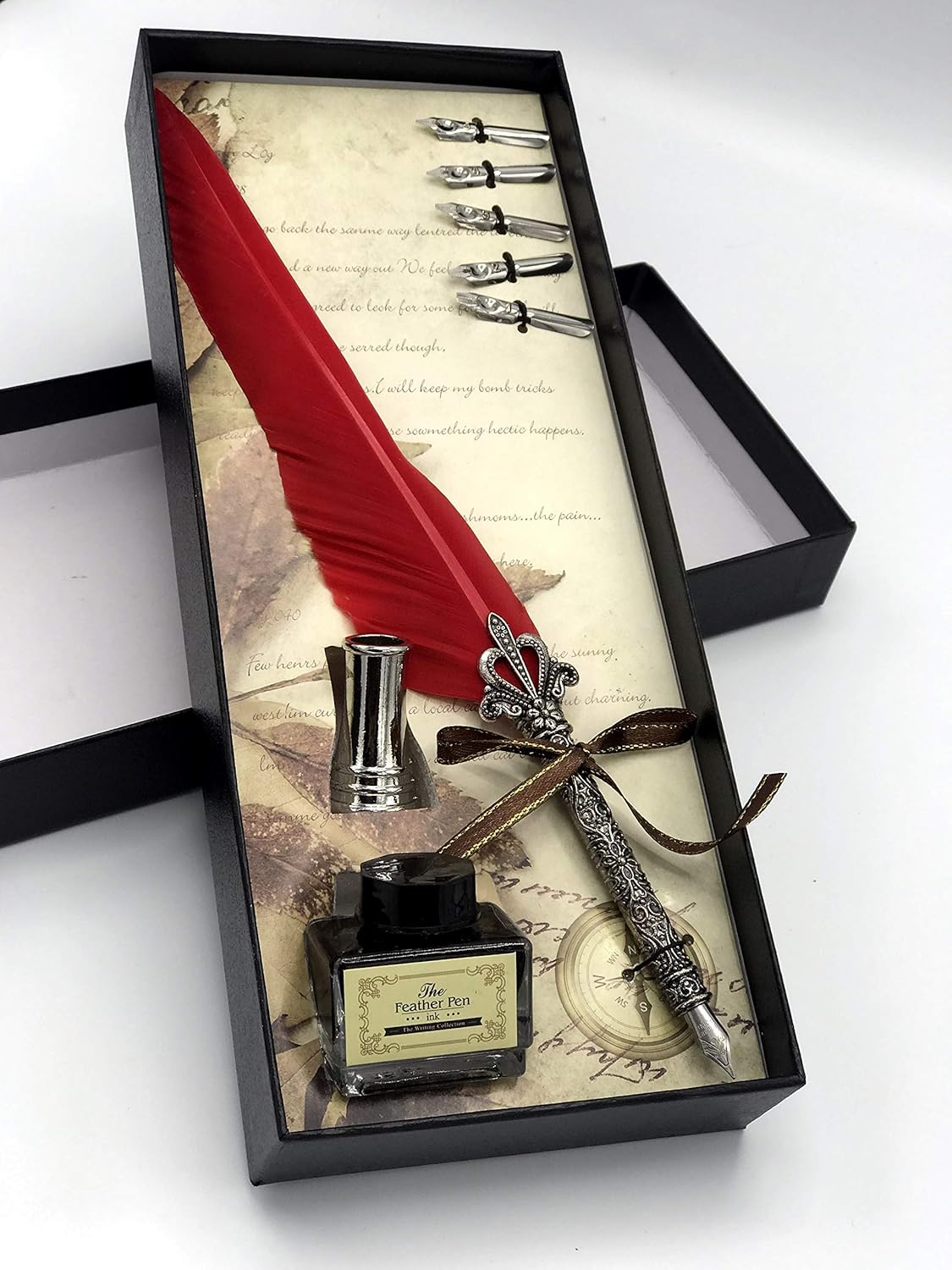 Quill Feather Pen Calligraphy Set – Antique Dip Quill Fountain Pen with 5 Replacement Nibs, 15ml Ink Bottle, Pen Holder & Writing Accessories – Vintage Stationery Gift Box (Grey / Red / Violet / Light Green / Blue)