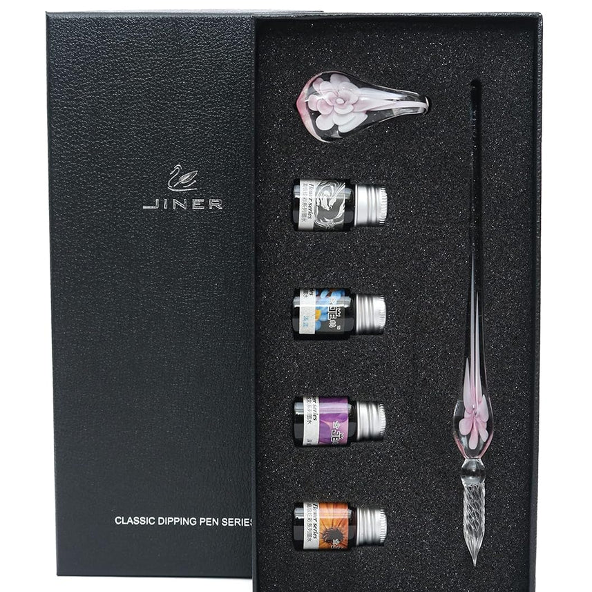 Glass Dip Pen Set – Multicolor Flower Design Glass Pen with 4 Mini Ink Bottle, Pen Holder With Flower Design & Gift Box