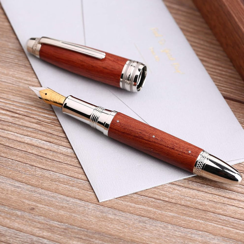 Moonman M1000 Handmade Rosewood Fountain Pen BOCK Fine Nib, Rivet Pearl Top Writing Pen Silver Clip Beautiful Writing Pen