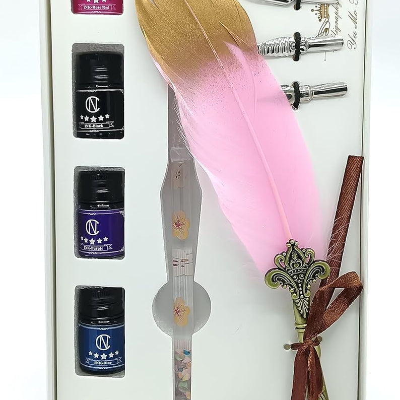Feather & Crystal Glass Dip Pen Set with 5 Color Inks, Feather Pen, 4 Extra Nibs, Pen Holder, and Ink Cup – Calligraphy Writing & Creative Art Set