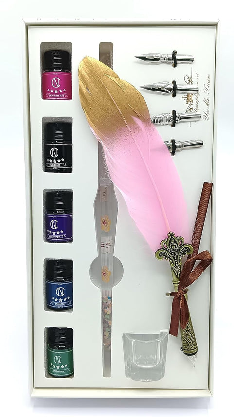 Feather & Crystal Glass Dip Pen Set with 5 Color Inks, Feather Pen, 4 Extra Nibs, Pen Holder, and Ink Cup – Calligraphy Writing & Creative Art Set