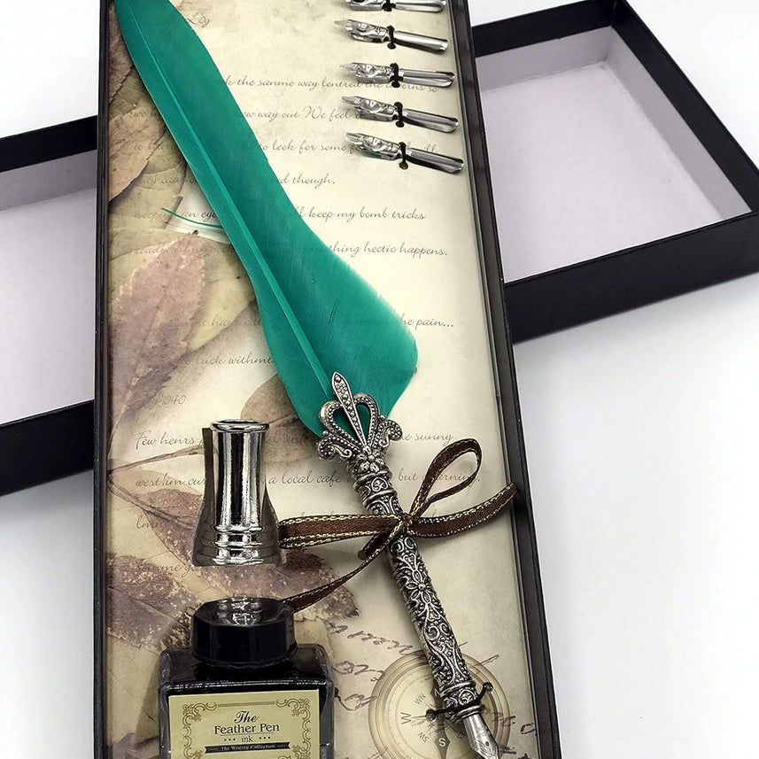Quill Feather Pen Calligraphy Set – Antique Dip Quill Fountain Pen with 5 Replacement Nibs, 15ml Ink Bottle, Pen Holder & Writing Accessories – Vintage Stationery Gift Box (Grey / Red / Violet / Light Green / Blue)
