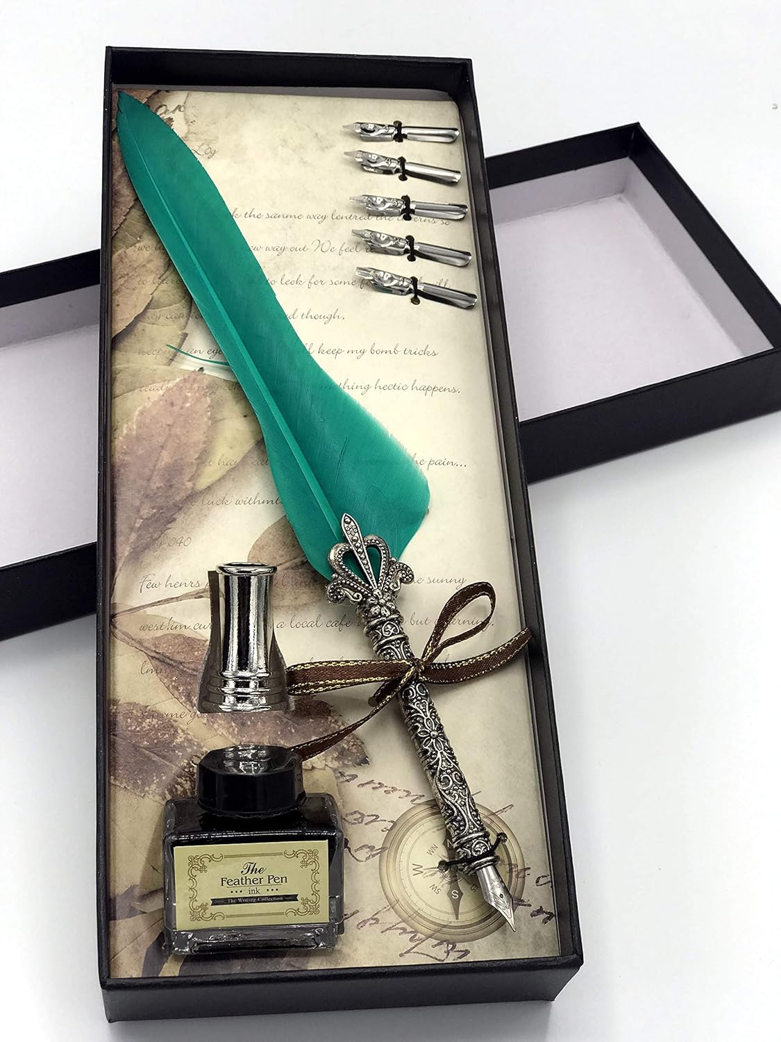 Quill Feather Pen Calligraphy Set – Antique Dip Quill Fountain Pen with 5 Replacement Nibs, 15ml Ink Bottle, Pen Holder & Writing Accessories – Vintage Stationery Gift Box (Grey / Red / Violet / Light Green / Blue)