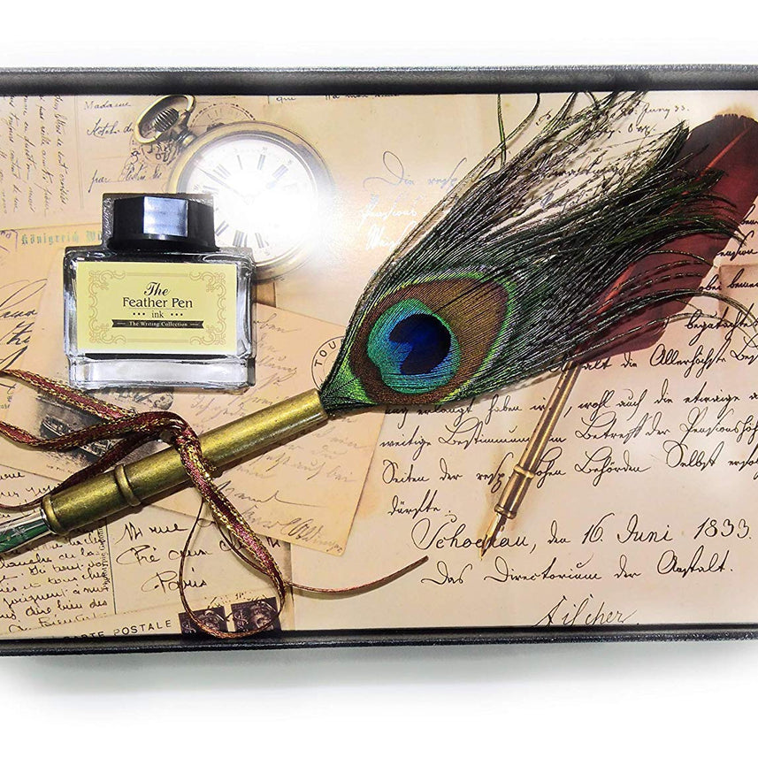 Peacock Feather Quill Dip Pen 0.5mm Fine NibWriting Ink Set with Gift Box – Copper Stationery Set for Calligraphy & Creative Writing