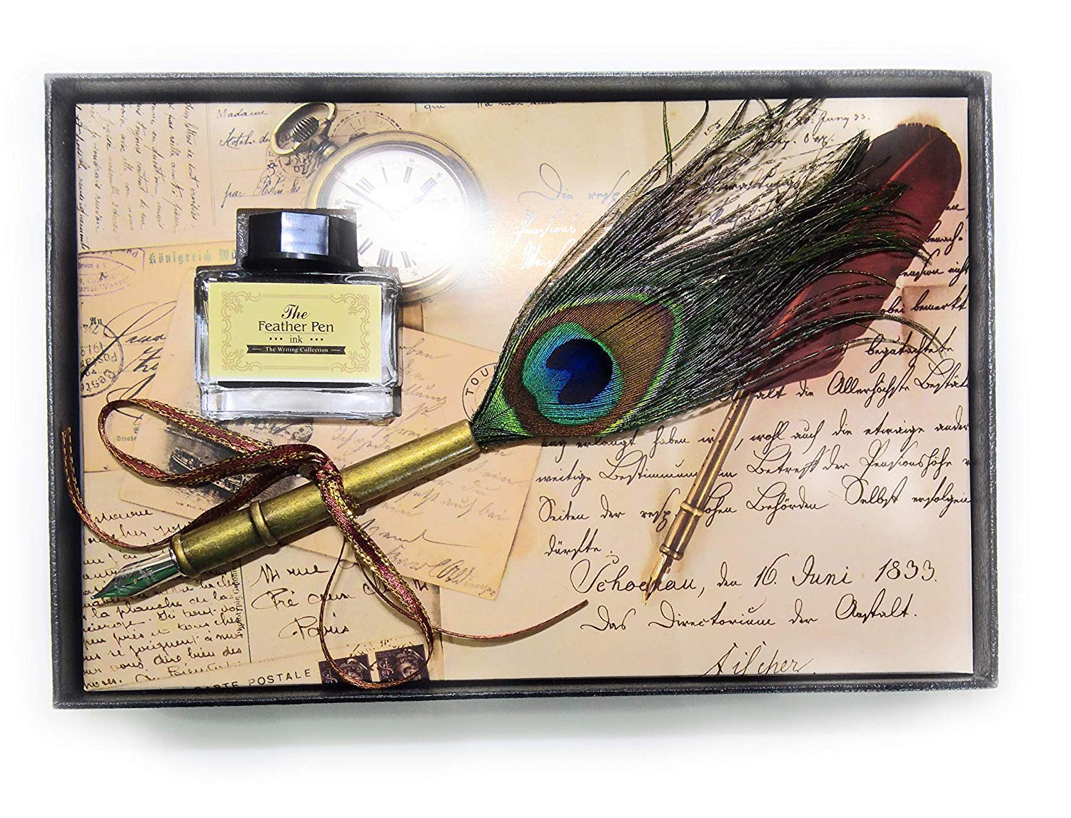 Peacock Feather Quill Dip Pen 0.5mm Fine NibWriting Ink Set with Gift Box – Copper Stationery Set for Calligraphy & Creative Writing