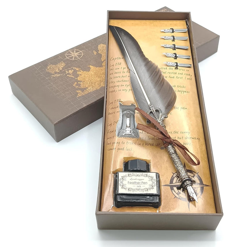 Quill Feather Pen Calligraphy Set – Antique Dip Quill Fountain Pen with 5 Replacement Nibs, 15ml Ink Bottle, Pen Holder & Writing Accessories – Vintage Stationery Gift Box (Grey / Red / Violet / Light Green / Blue)
