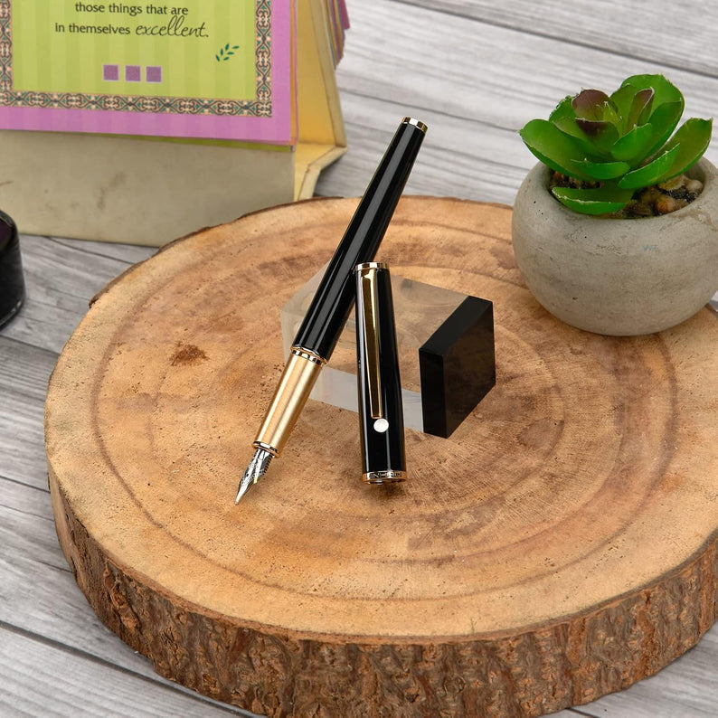 Jinhao 95 Luxury Metal Black Fountain Pen with 0.5mm Fine Nib and Golden Trims (With Ink Converter)