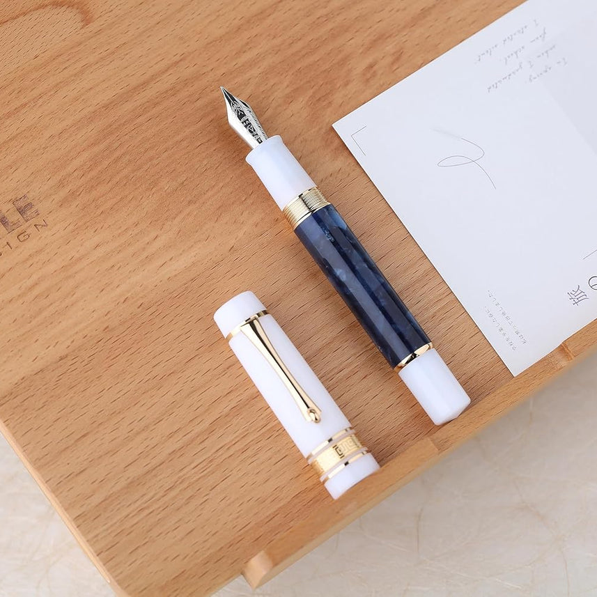 Moonman M400 Acrylic Writing Office Extra Fine Nib Fountain Pen Gold Clip(Dark Blue & White,0.38MM)