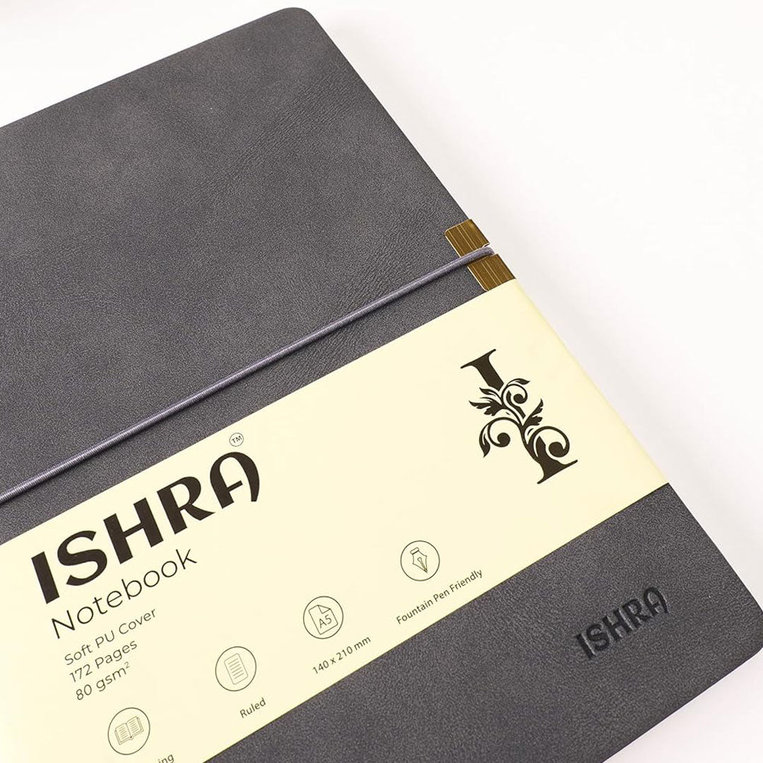 ISHRA A5 Size Ruled Notebook | Ideal Note Book Journal Diary for Work Office Writing Journaling Note Taking Travel | Dark Grey Soft Cover| 172 Pages | 80gsm | Fountain Pen Friendly Paper