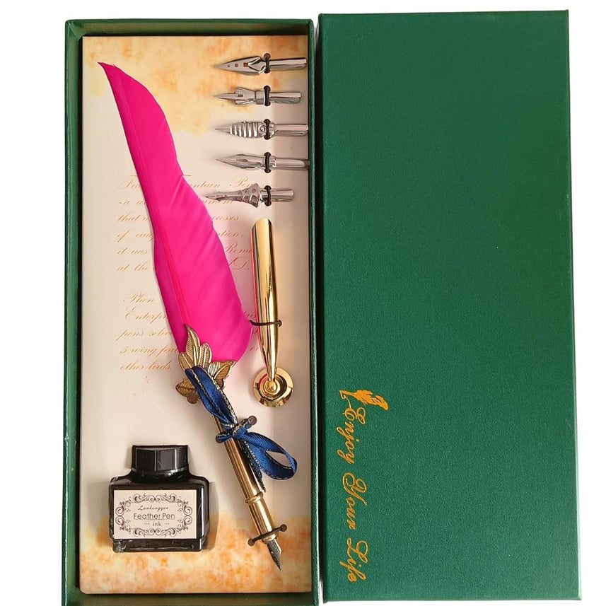 Feather Quill Pen and Ink Set – Antique Calligraphy Dip Pen with 5 Extra Nibs, Vintage Writing & Calligraphy Set