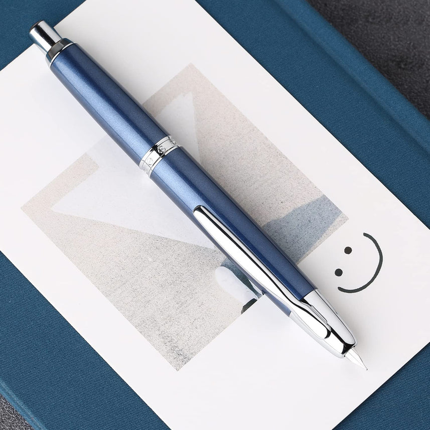 Moonman A1 Press Fountain Pen, Retractable Extra Fine Nib Metal Blue Writing Pen with Box (with Clip Version)