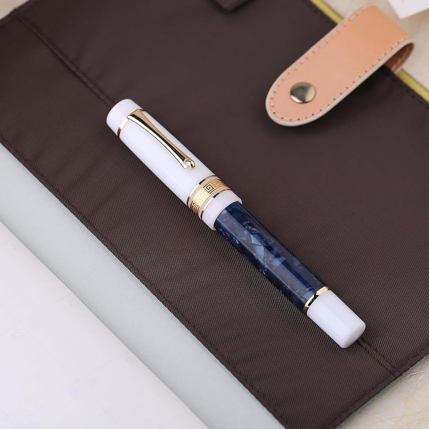 Moonman M400 Acrylic Writing Office Extra Fine Nib Fountain Pen Gold Clip(Dark Blue & White,0.38MM)