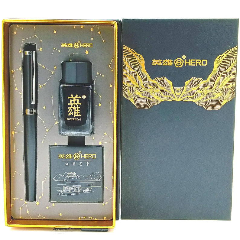 Hero 6192 Black Fountain Pen Set with Ink Bottle, Cartridges, Converter, and Premium Packaging – Fine Nib [Silver Chrome]