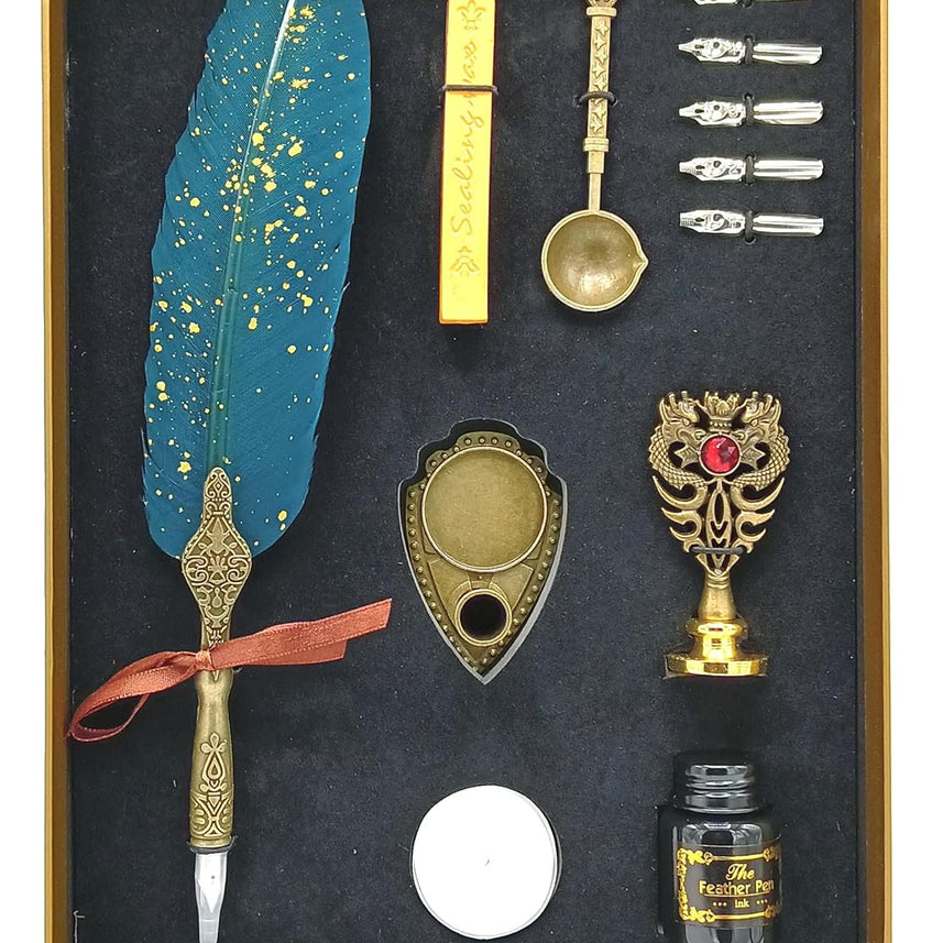 Feather Calligraphy Pen Ink Set – Quill Dip Pen with 5 Nibs, Ink, Wax Seal Stamp Kit & Gift Box (Available in Maroon, Green, Black & White)