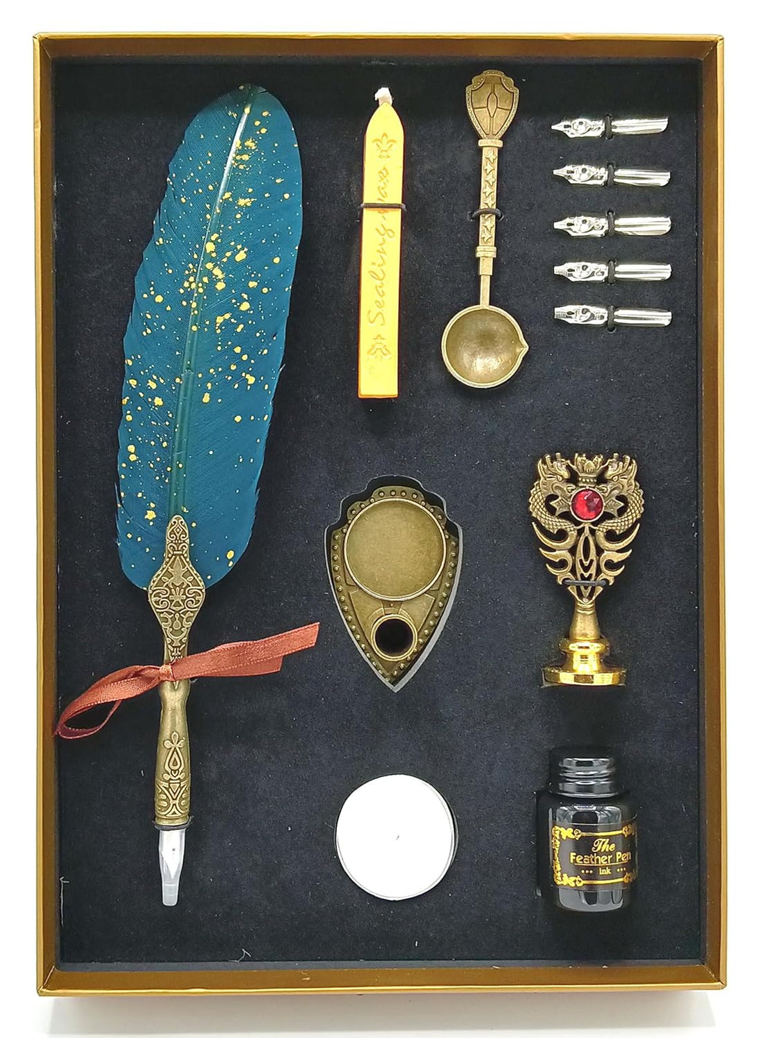 Feather Calligraphy Pen Ink Set – Quill Dip Pen with 5 Nibs, Ink, Wax Seal Stamp Kit & Gift Box (Available in Maroon, Green, Black & White)