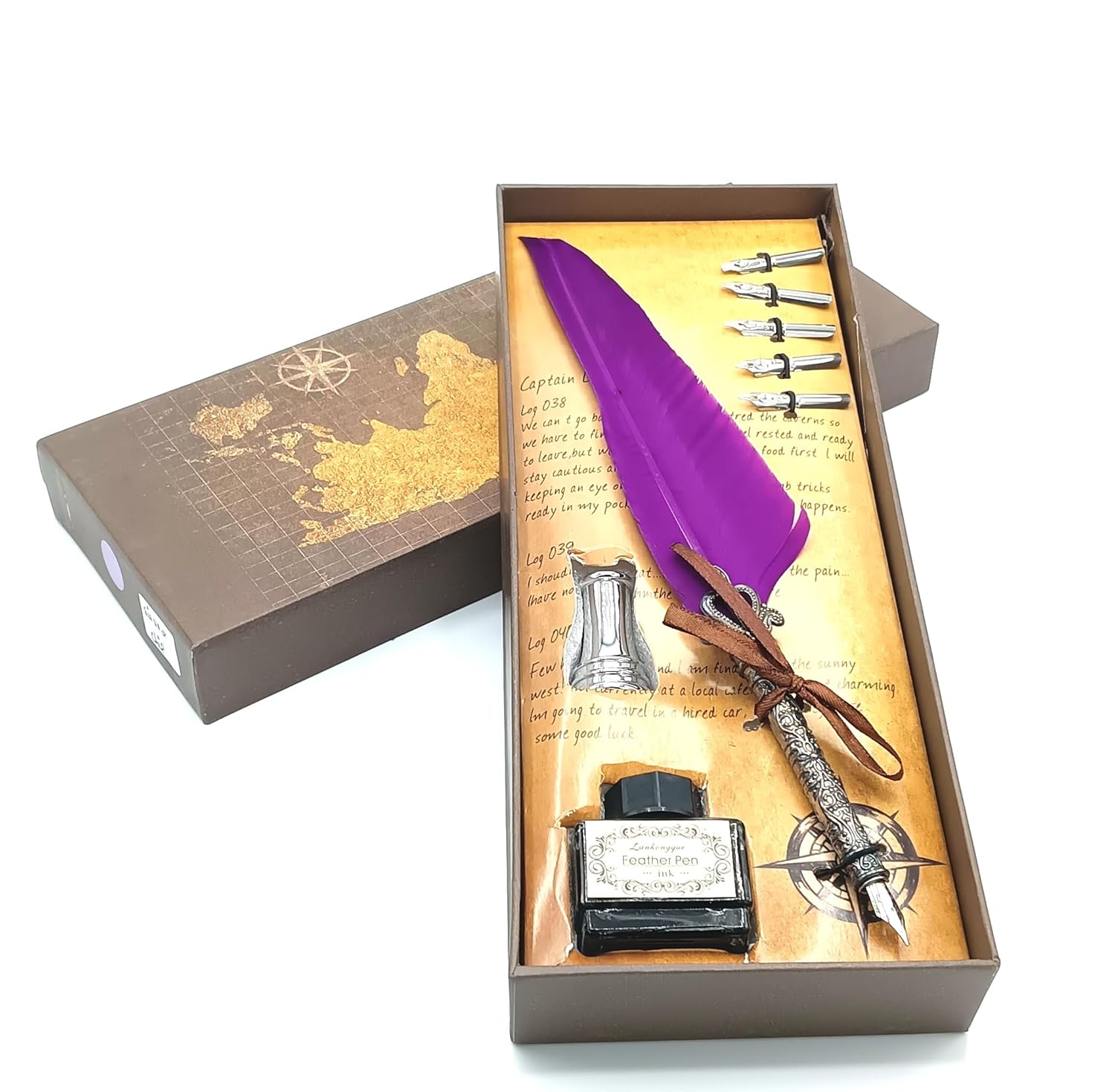 Quill Feather Pen Calligraphy Set – Antique Dip Quill Fountain Pen with 5 Replacement Nibs, 15ml Ink Bottle, Pen Holder & Writing Accessories – Vintage Stationery Gift Box (Grey / Red / Violet / Light Green / Blue)