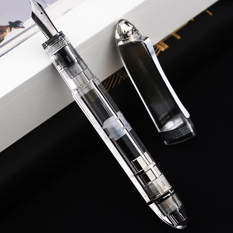 Moonman V60 Clear Transparent Piston Fountain Pen, Fine Nib (0.5mm), Triangular Resin Body, Gift Box Included