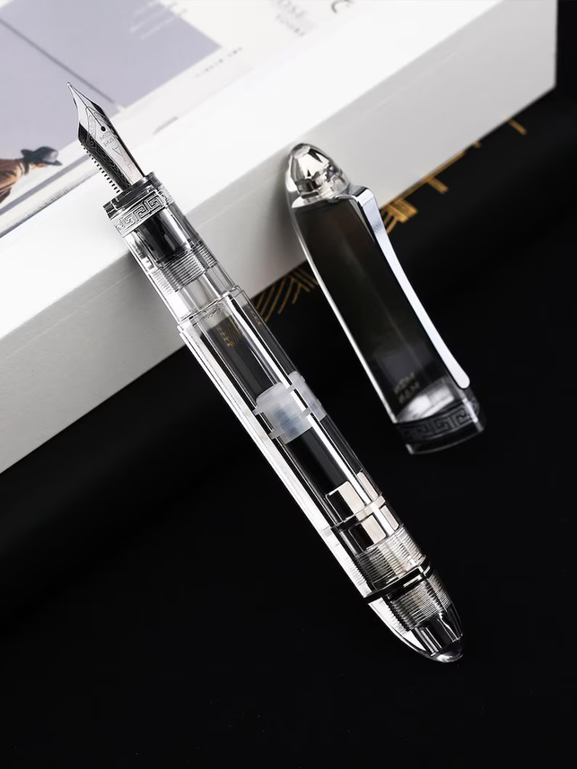 Moonman V60 Clear Transparent Piston Fountain Pen, Fine Nib (0.5mm), Triangular Resin Body, Gift Box Included