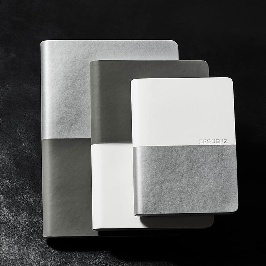 Zequenz A6 Size White Silver Notebook Squared & Blank Acid Free Paper 200 Pages each Ruling 400 Pages 70GSM 360 Degree Flexibility 100% Handmade PU and White paper Basic Plus Series