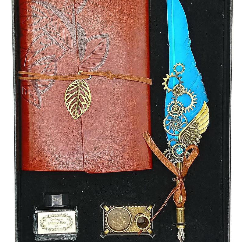 Feather Pen Ink Set – Quill Dip Pen with Leather Notebook, Ink Bottle & Pen Holder, Antique Calligraphy Stationery Gift (Sky Blue / Green)