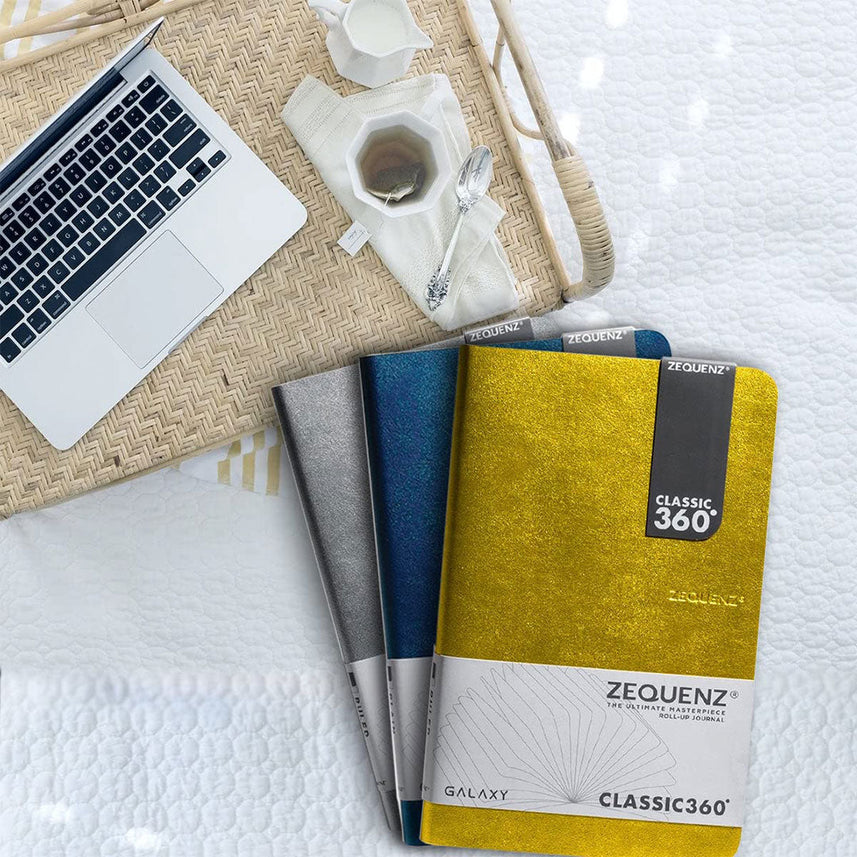 Zequenz A6- Size Matte Gold Notebook Ruled Acid Free Paper 256 Pages 70GSM 360 Degree Flexibility 100% Handmade PU and White paper Galaxy Series Bookmark Included