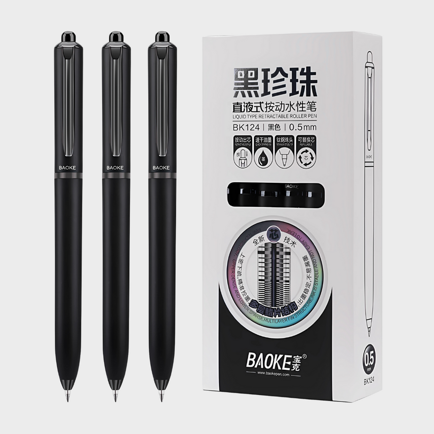 Baoke | Rollerball Pen | 0.5mm | Black Ink | Black Barrel with Shiny Black | BK124