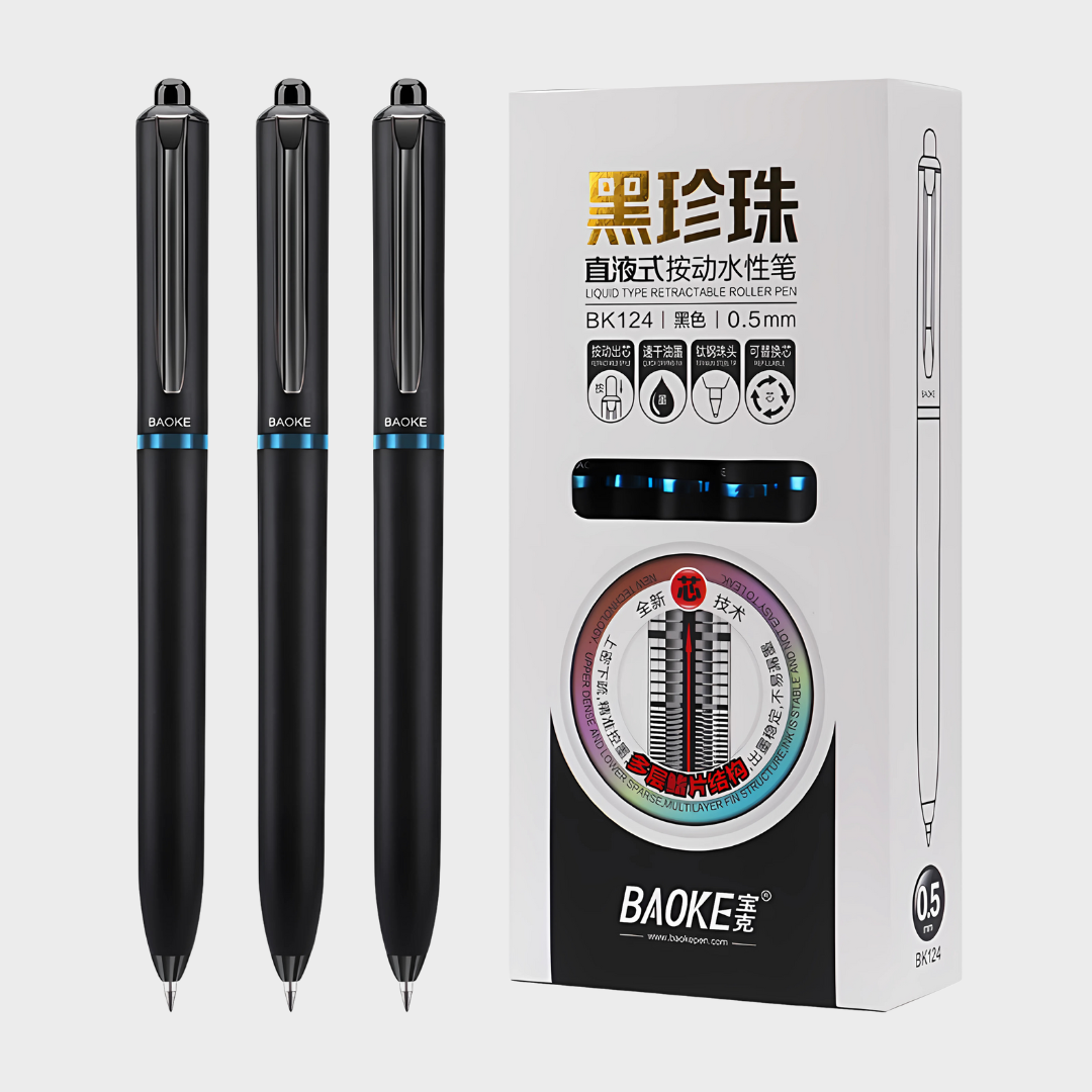Baoke | Rollerball Pen | 0.5mm | Black Ink | Black Barrel with Shiny Blue | BK124