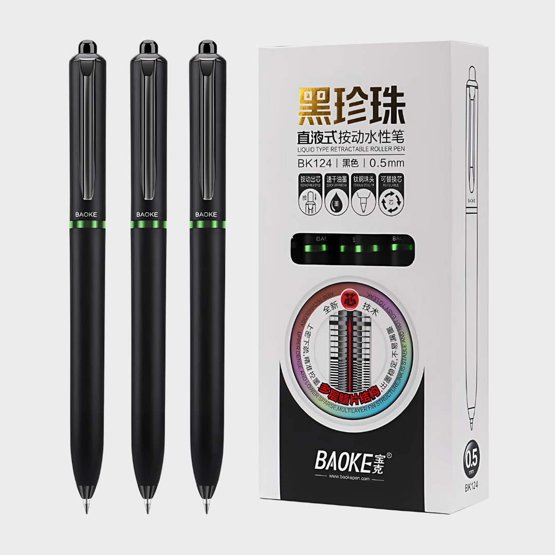 Baoke | Rollerball Pen | 0.5mm | Black Ink | Black Barrel with Shiny Green | BK124