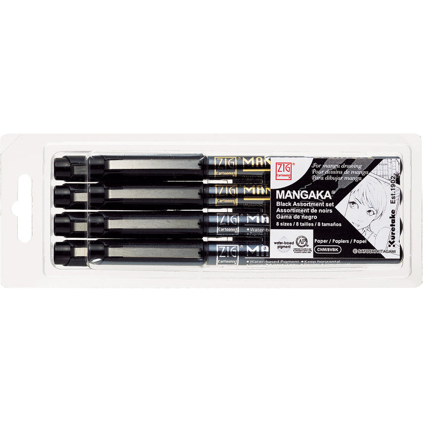 Kuretake | Zig | Cartoonist Mangaka | Black | Pack of 8 | CNM/8VBK