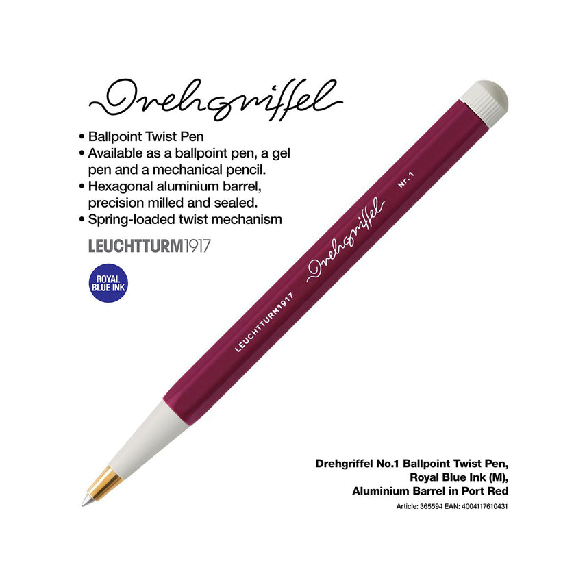 LEUCHTTURM1917 Ball Point Pen with Royal Blue Ink | Drehgriffel No. 1 | Port Red | Twist Mechanism