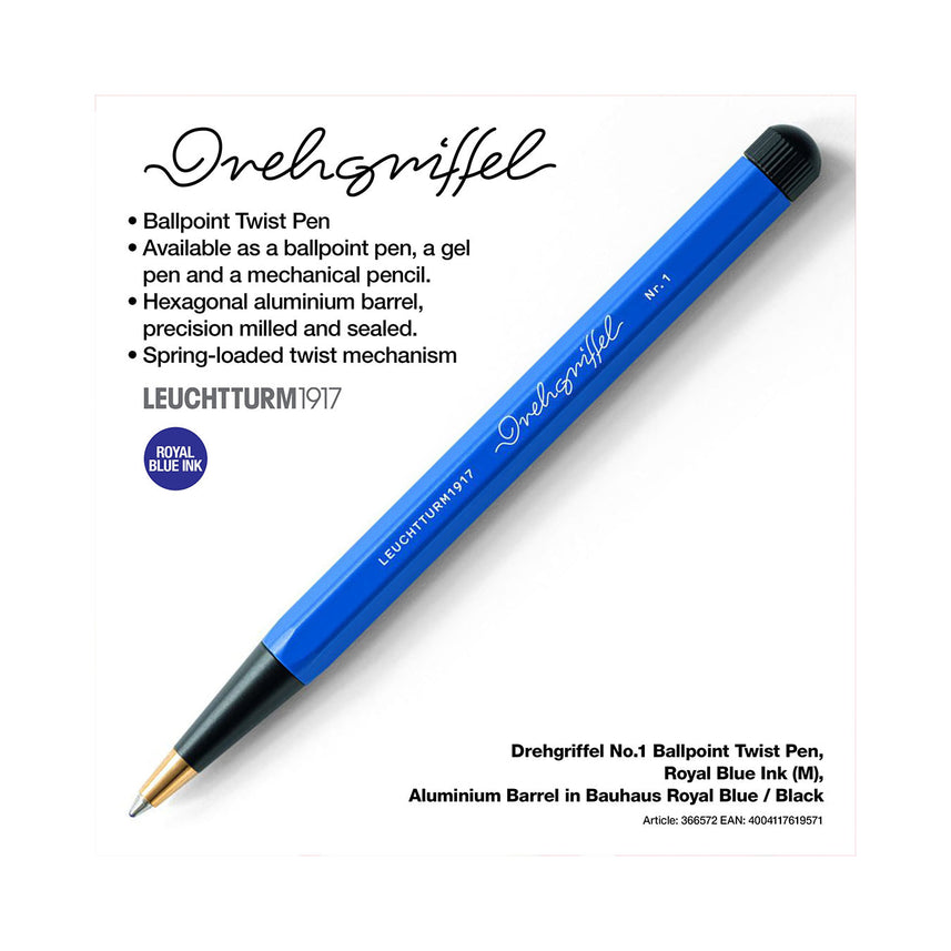 LEUCHTTURM1917 Ball Point Pen with Royal Blue Ink | Bauhaus Edition | Drehgriffel No. 1 | Royal Blue/Black | Twist Mechanism