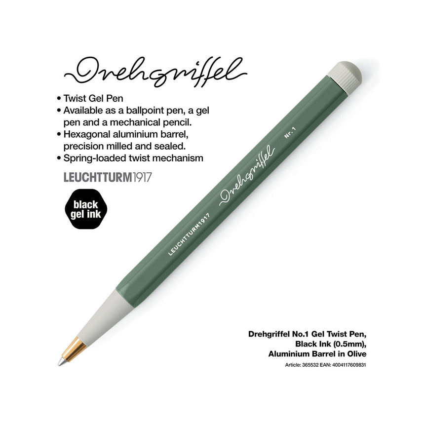LEUCHTTURM1917 Gel Pen with Document Proof Black Ink | Drehgriffel No. 1 | Olive Green| Twist Mechanism