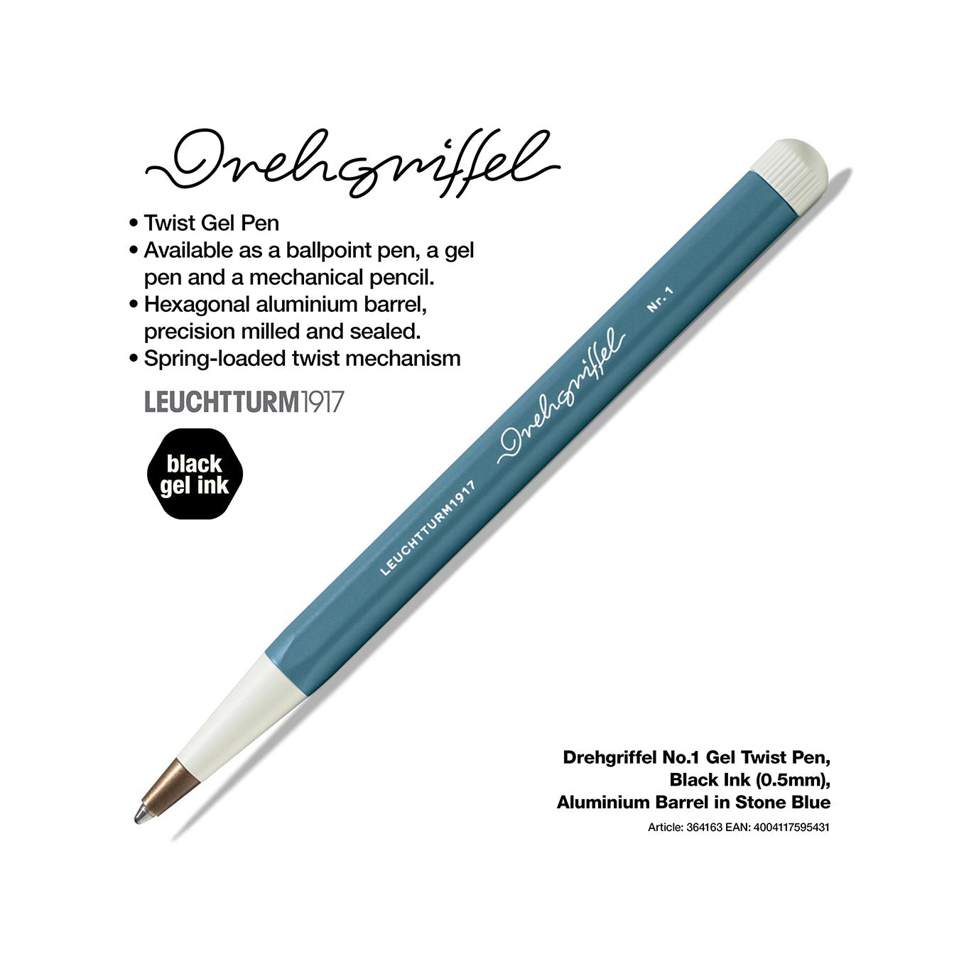 LEUCHTTURM1917 Gel Pen with Document Proof Black Ink | Drehgriffel No. 1 | Stone Blue| Twist Mechanism