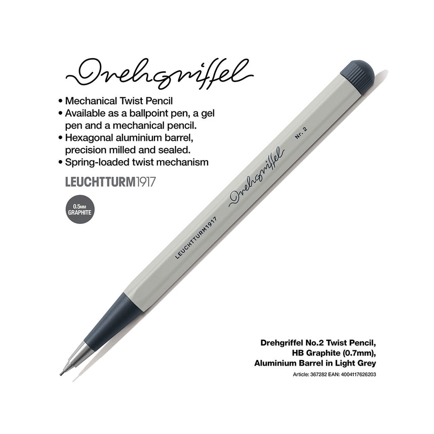 LEUCHTTURM1917 0.7mm Mechanical Clutch Pencil | Graphite HB Lead | Drehgriffel No. 2 | Light Grey | Twist Mechanism