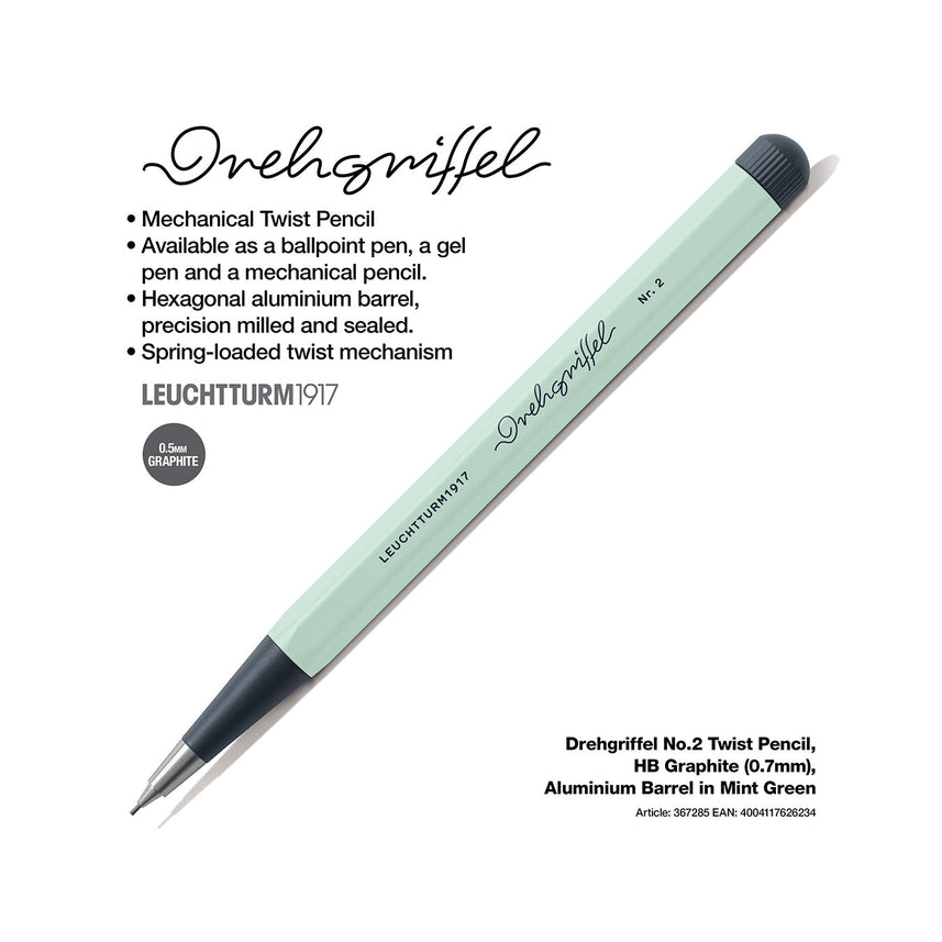 LEUCHTTURM1917 0.7mm Mechanical Clutch Pencil | Graphite HB Lead | Drehgriffel No. 2 | Mint Green | Twist Mechanism