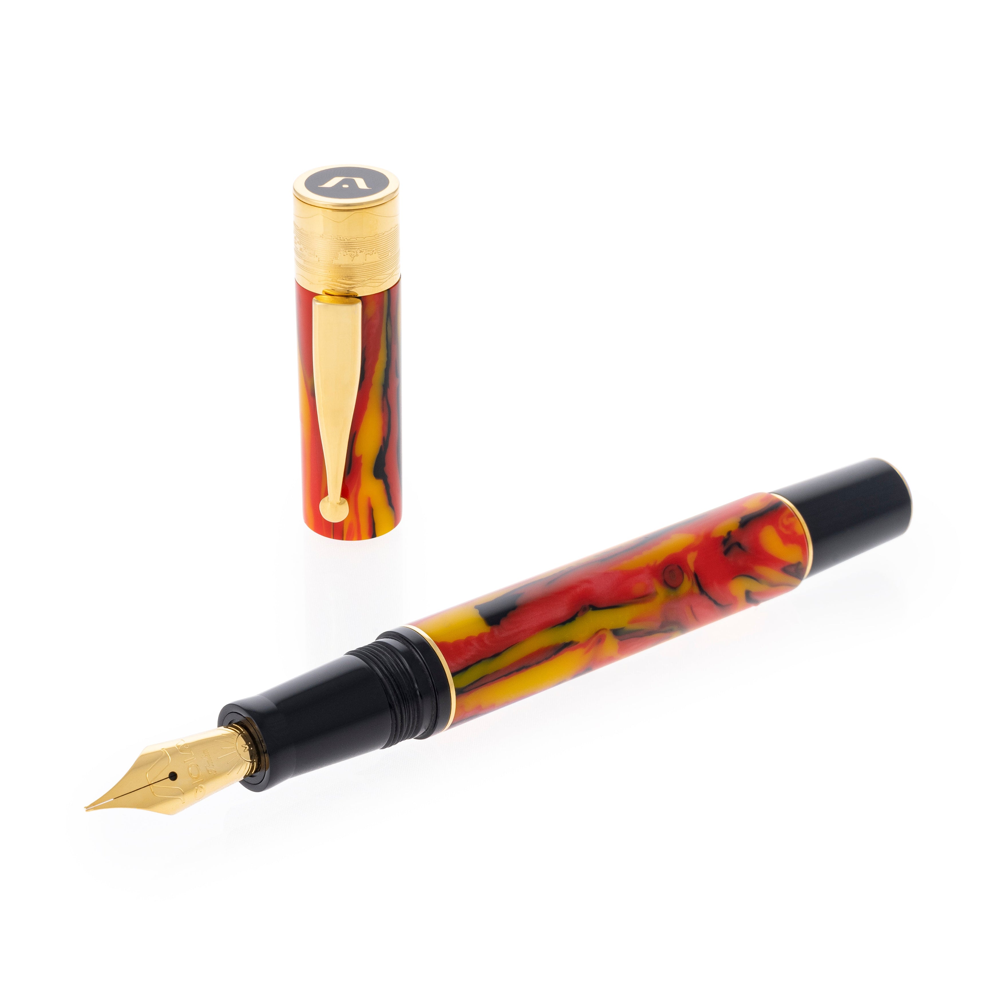 GIOIA Partenope Fiamma Flame Fountain Pen and Rollerball – Gold Trim