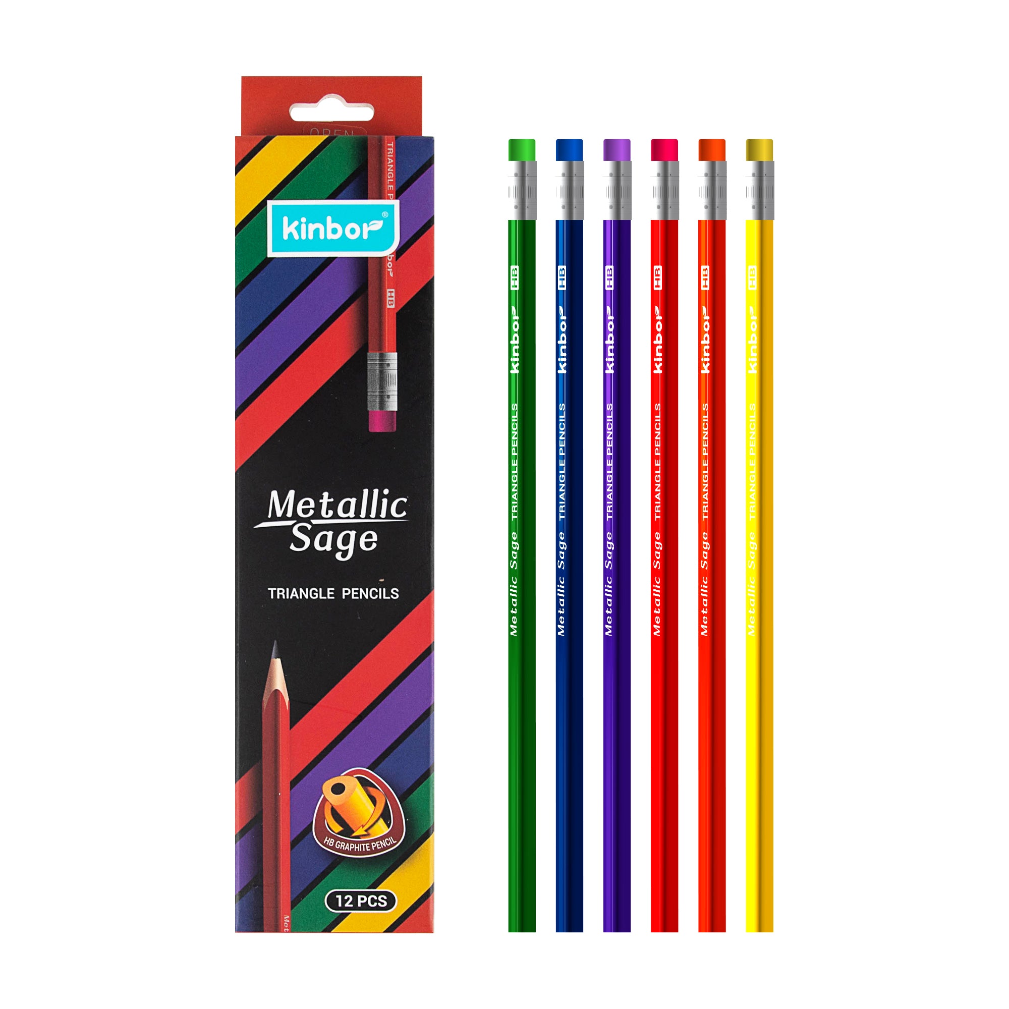 Kinbor Metallic Sage HB Triangular Pencils – 12 Pack  Ergonomic Grip, Premium Graphite, Multi-Color Set