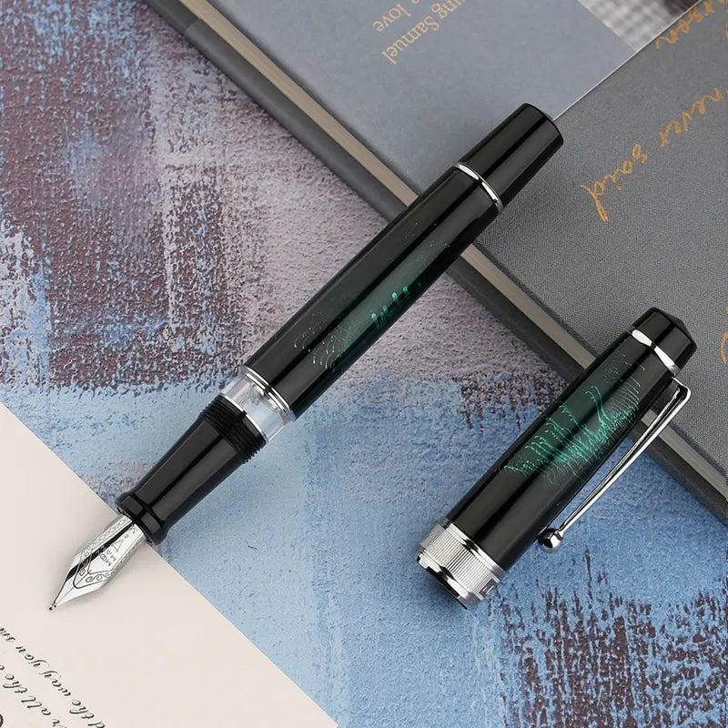 Moonman T5 Piston Fountain Pen – Green Fireworks, Large Ink Capacity, Resin Body, Fine/Medium/Extra Fine Nib, Gift Box Included
