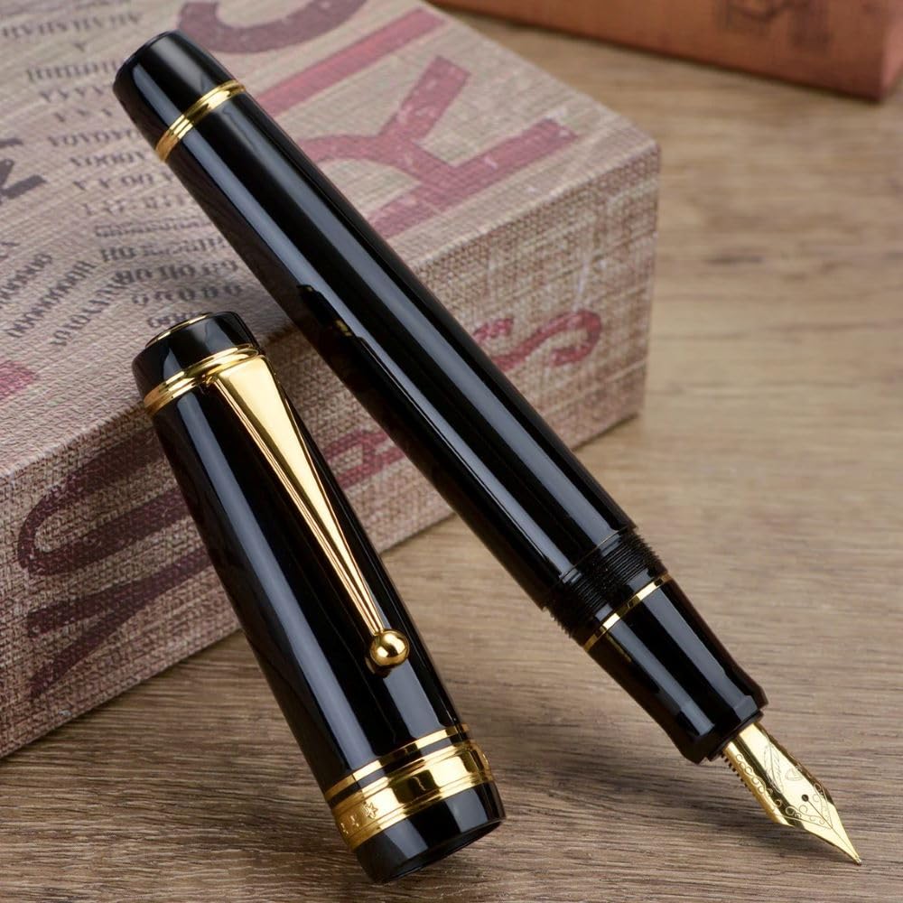 Jinhao Black Fountain Pen - Fine Nib, Oversized Metal Body, Gold Trim & Clip