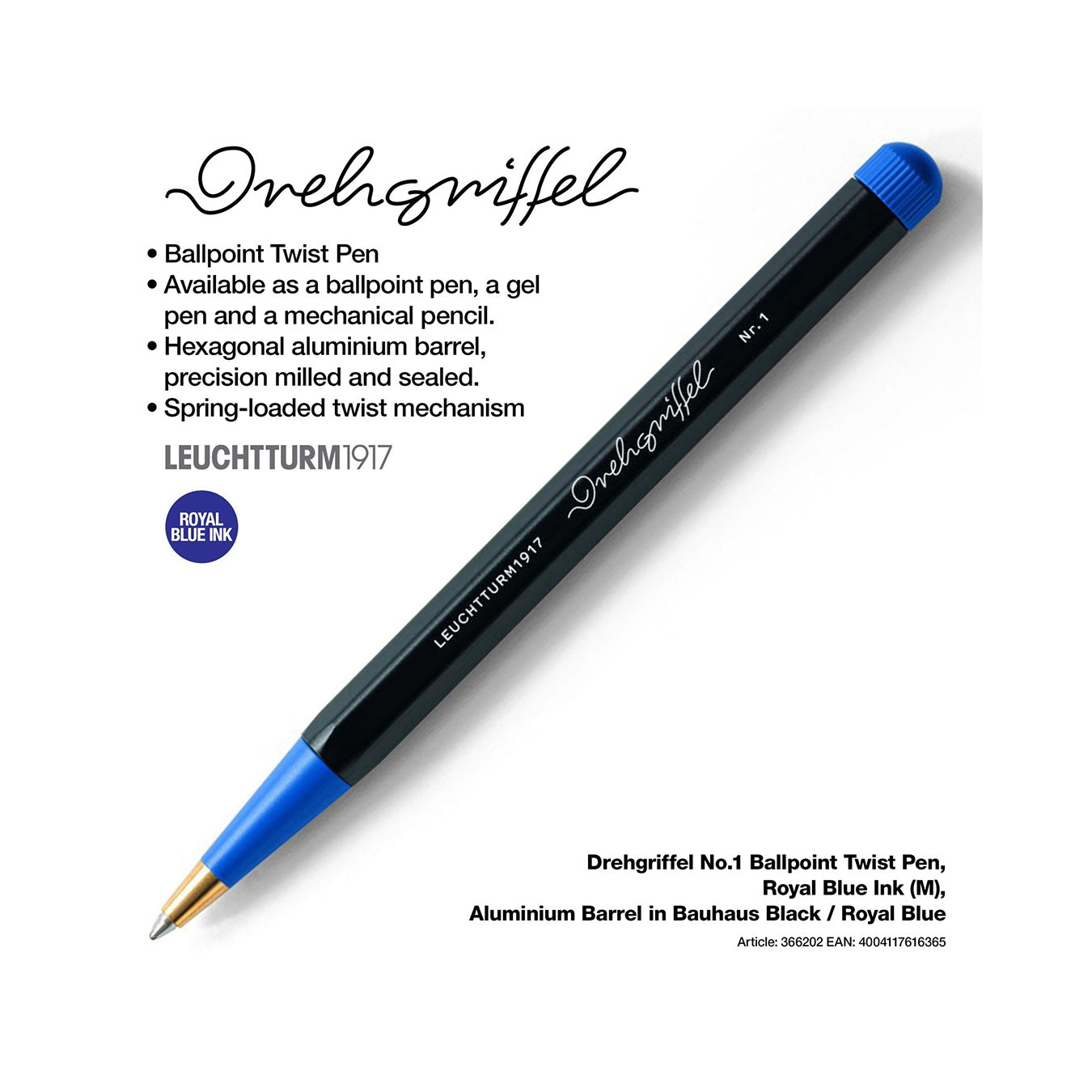 LEUCHTTURM1917 Ball Point Pen with Royal Blue Ink | Bauhaus Edition | Drehgriffel No. 1 | Black/Royal Blue | Twist Mechanism
