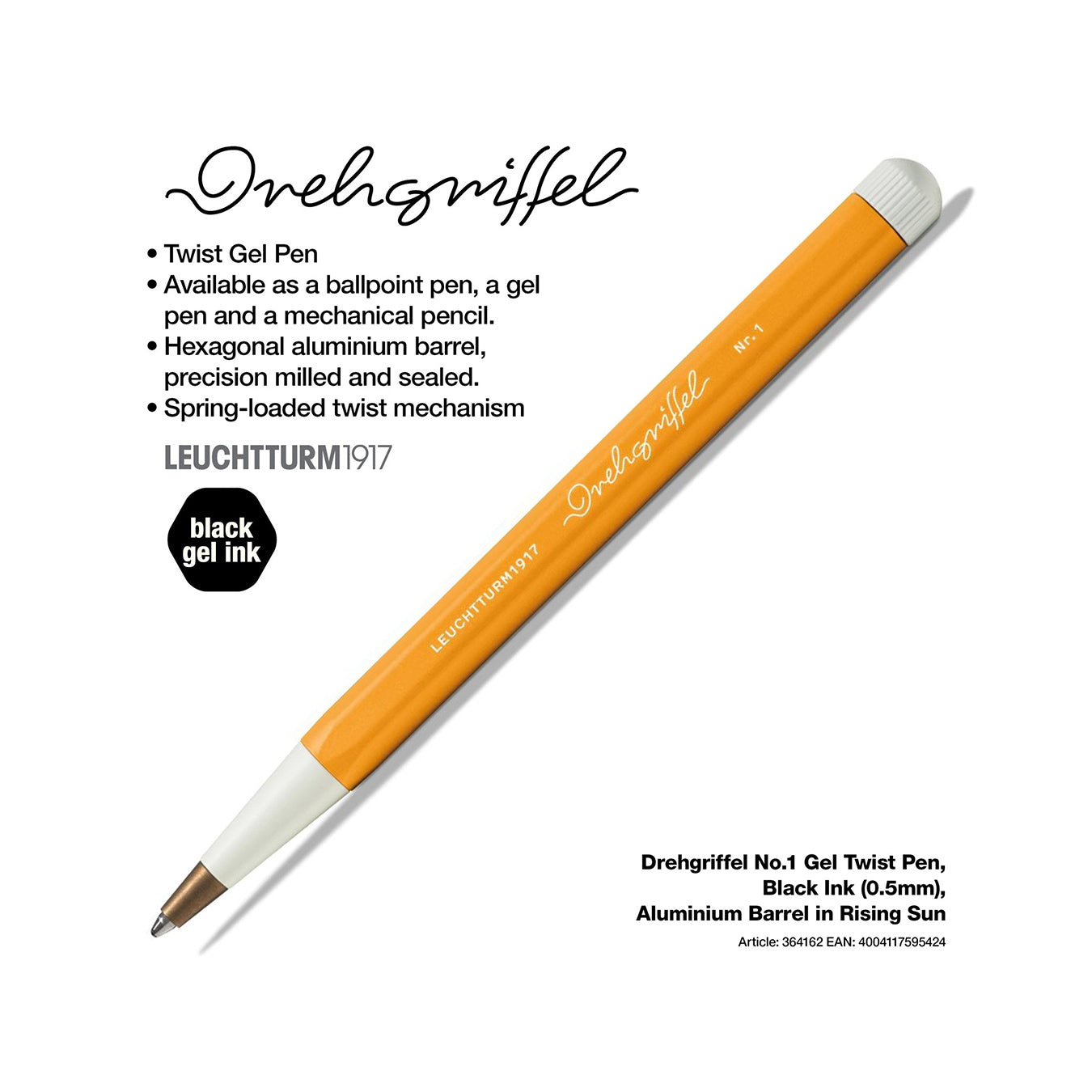 LEUCHTTURM1917 Gel Pen with Document Proof Black Ink | Drehgriffel No. 1 | Rising Sun Orange| Twist Mechanism
