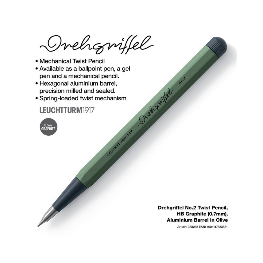 LEUCHTTURM1917 0.7mm Mechanical Clutch Pencil | Graphite HB Lead | Drehgriffel No. 2 | Olive Green | Twist Mechanism