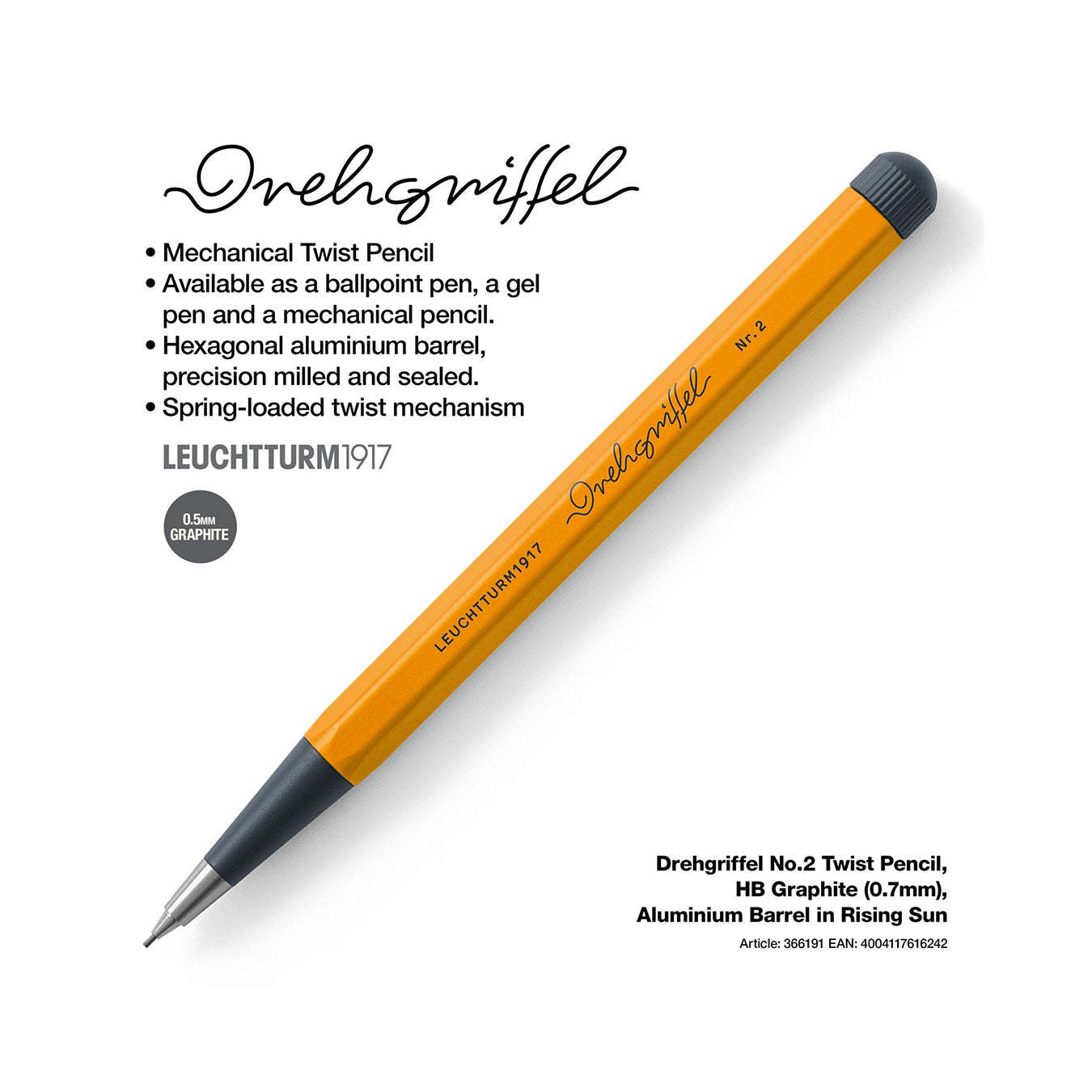 LEUCHTTURM1917 0.7mm Mechanical Clutch Pencil | Graphite HB Lead | Drehgriffel No. 2 | Rising Sun Orange | Twist Mechanism