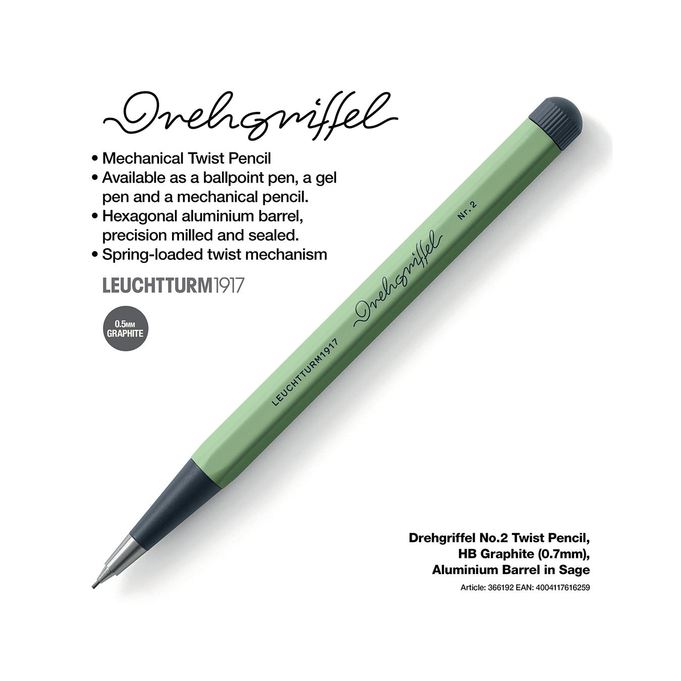 LEUCHTTURM1917 0.7mm Mechanical Clutch Pencil | Graphite HB Lead | Drehgriffel No. 2 | Sage Green | Twist Mechanism