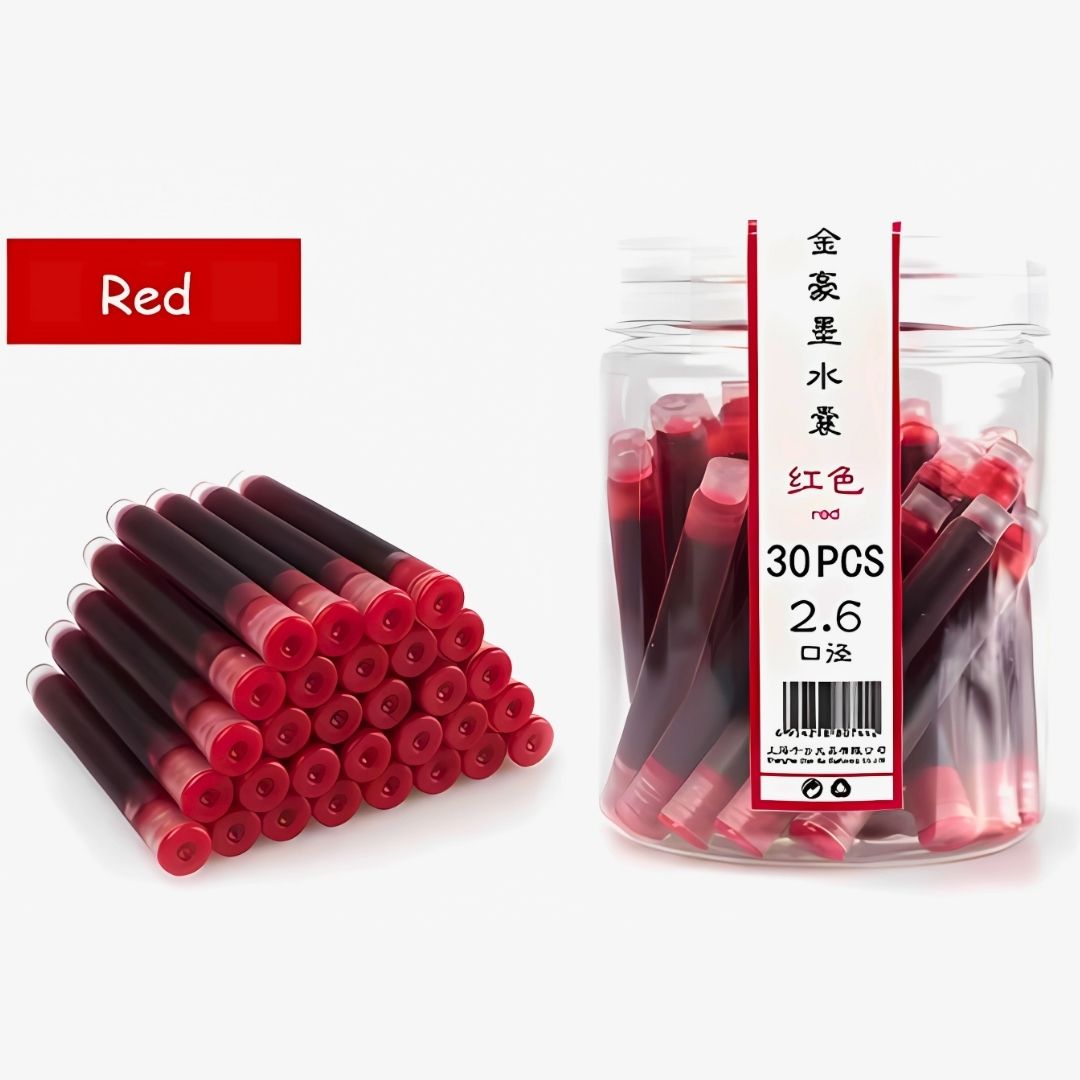 Jinhao 30pcs Red Plastic Ink Cartridges – 2.6mm Bore, Squeeze-Type Refill for Fountain